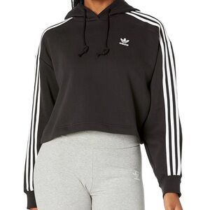 Adidas Cropped Black Hoodie 3 Stripe Trefoil Logo | XS | Athleisure Sweatshirt